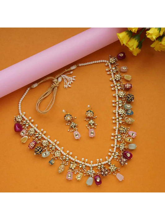 Gold Plated Kundan Elegant Navratna Multi Color Necklace Set