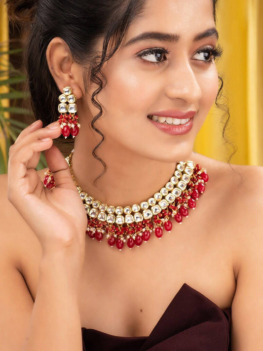 Gold Plated & Red Kundan Studded Handcrafted Jewellery Set