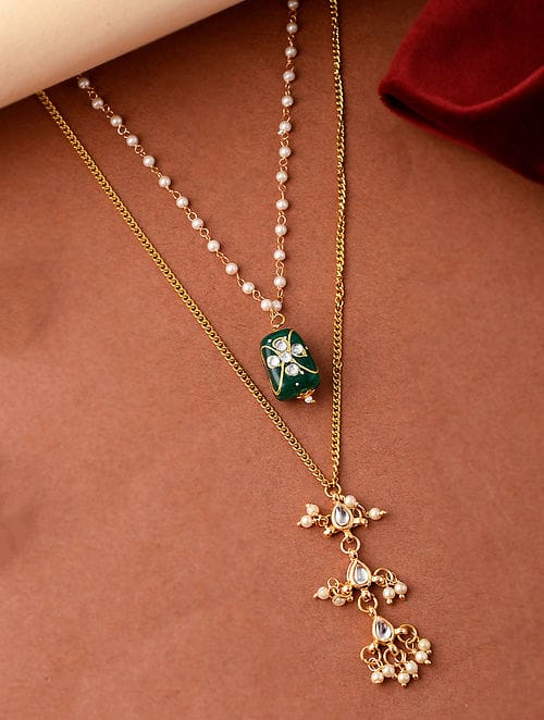 Gold-Platead Green Tanjore Kundan Chai