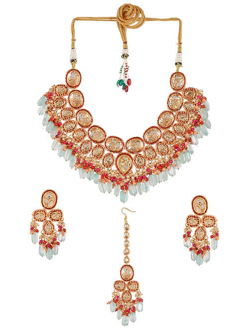 Gold-Plated CZ-Studded & Beaded Necklace With Earrings