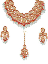 Gold-Plated CZ-Studded & Beaded Necklace With Earrings