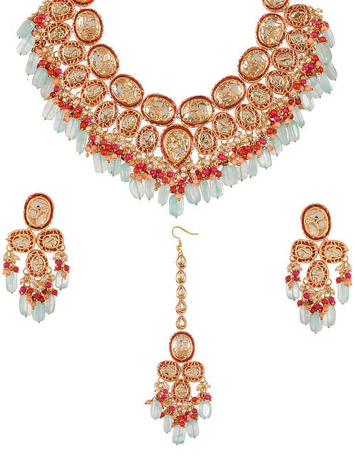 Gold-Plated CZ-Studded & Beaded Necklace With Earrings