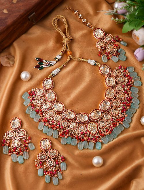 Gold-Plated CZ-Studded & Beaded Necklace With Earrings