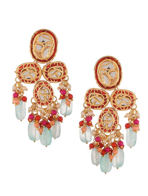 Gold-Plated CZ-Studded & Beaded Necklace With Earrings
