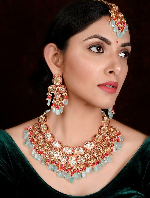 Gold-Plated CZ-Studded & Beaded Necklace With Earrings