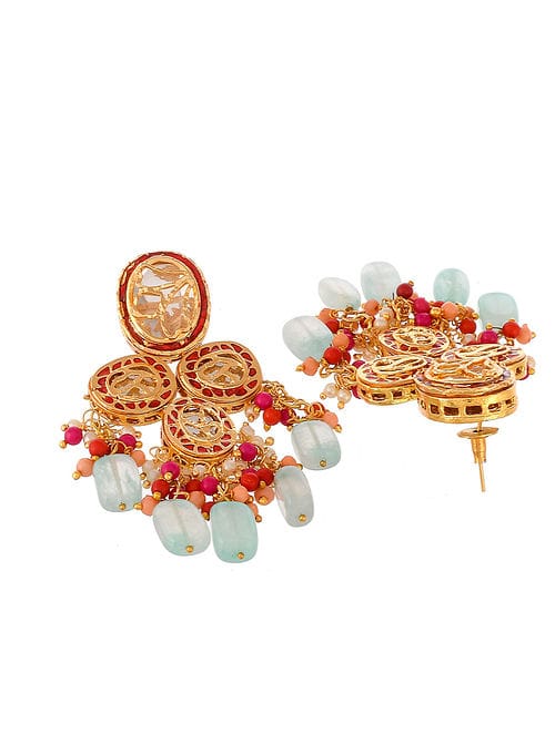 Gold-Plated CZ-Studded & Beaded Necklace With Earrings