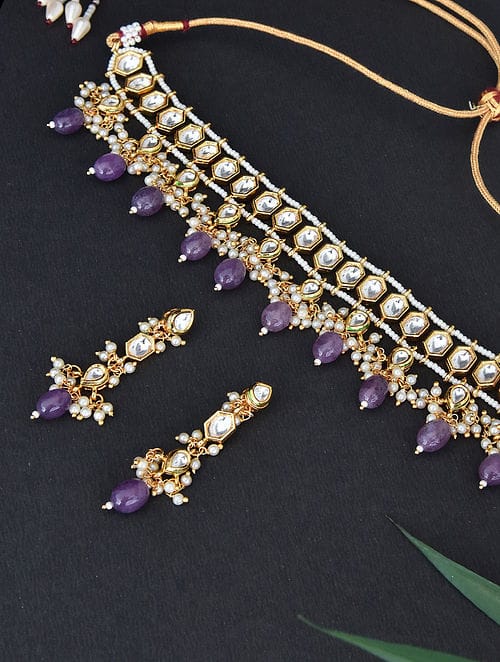 Gold-Plated Kundan-Studded Necklace & Earrings Set