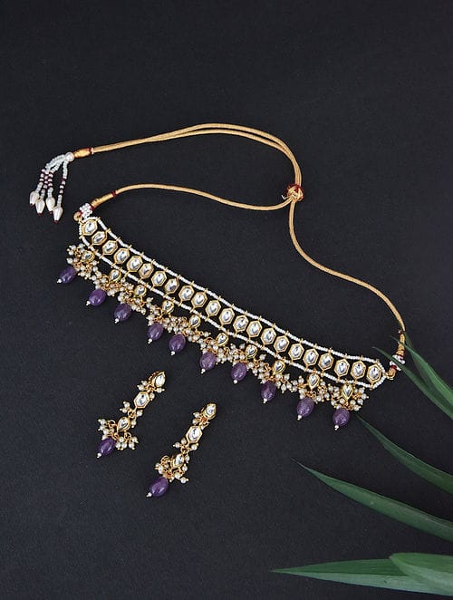 Gold-Plated Kundan-Studded Necklace & Earrings Set