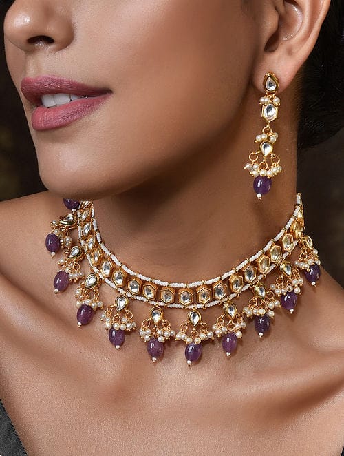 Gold-Plated Kundan-Studded Necklace & Earrings Set