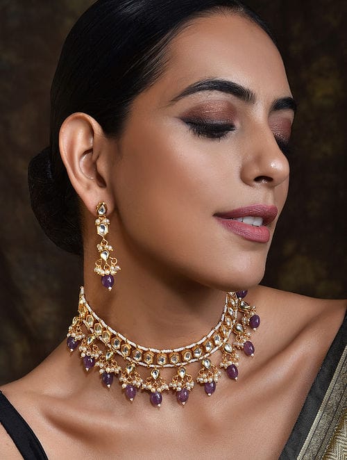 Gold-Plated Kundan-Studded Necklace & Earrings Set