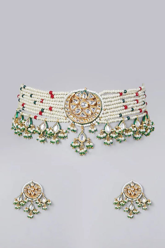 Gold Plated Pearl & Kundan Polki Choker Necklace Set