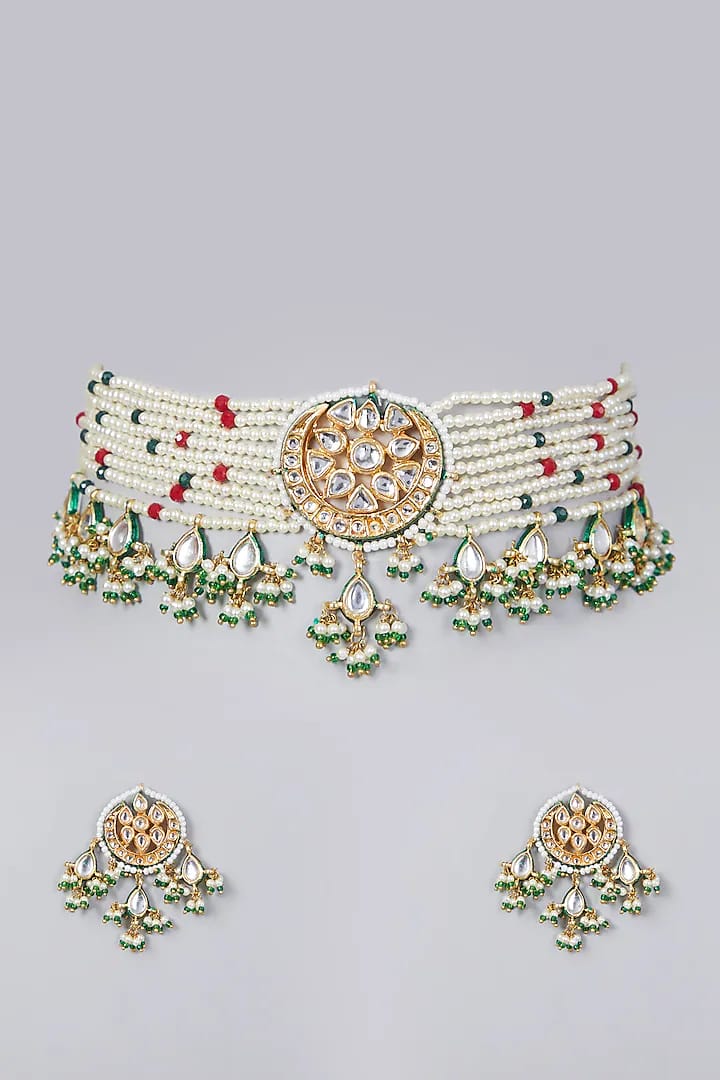 Gold Plated Pearl & Kundan Polki Choker Necklace Set