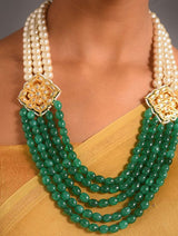 Gold Plated Meenakari Kundan, Emerald & Pearls Layered Necklace