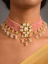 Gold Plated Meenakari Kundan, Emerald & Pearls Layered Necklace With Earrings