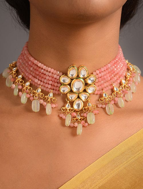 Gold Plated Meenakari Kundan, Emerald & Pearls Layered Necklace With Earrings