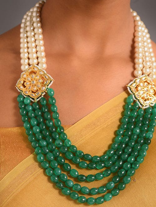 Gold Plated Meenakari Kundan, Emerald & Pearls Layered Necklace