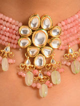 Gold Plated Meenakari Kundan, Emerald & Pearls Layered Necklace With Earrings
