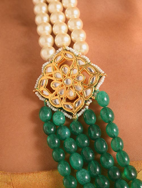 Gold Plated Meenakari Kundan, Emerald & Pearls Layered Necklace