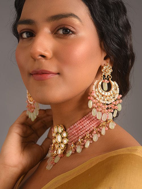 Gold Plated Meenakari Kundan, Emerald & Pearls Layered Necklace With Earrings