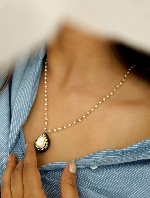 White Rhodium Finish Polki Pendant Necklace