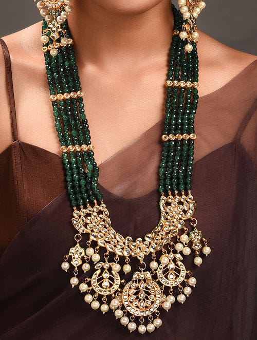 Gold-Plated Kundan-Studded & Beaded Jewellery Set