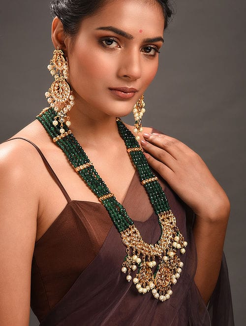 Gold-Plated Kundan-Studded & Beaded Jewellery Set