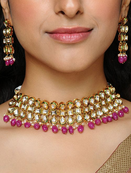 Gold Tone Kundan Choker Necklace With Earrings