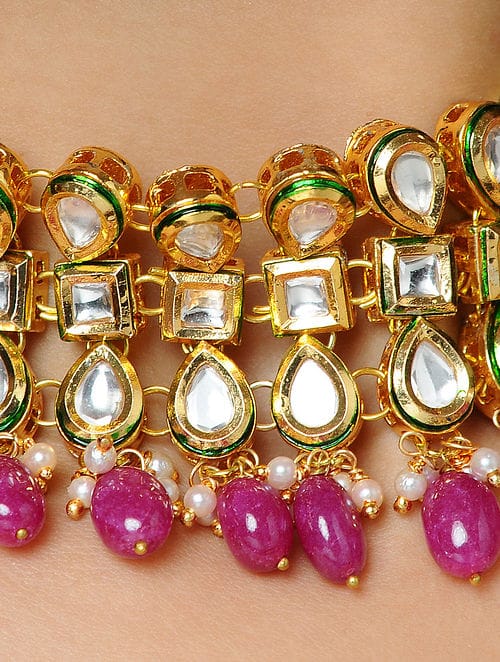 Gold Tone Kundan Choker Necklace With Earrings