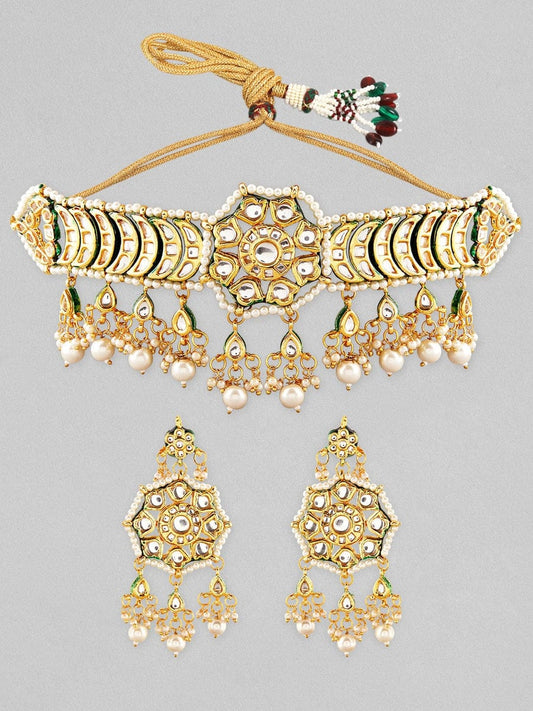 Gold Plated Kundan Polki & Pearl Meenakari Choker Necklace Set