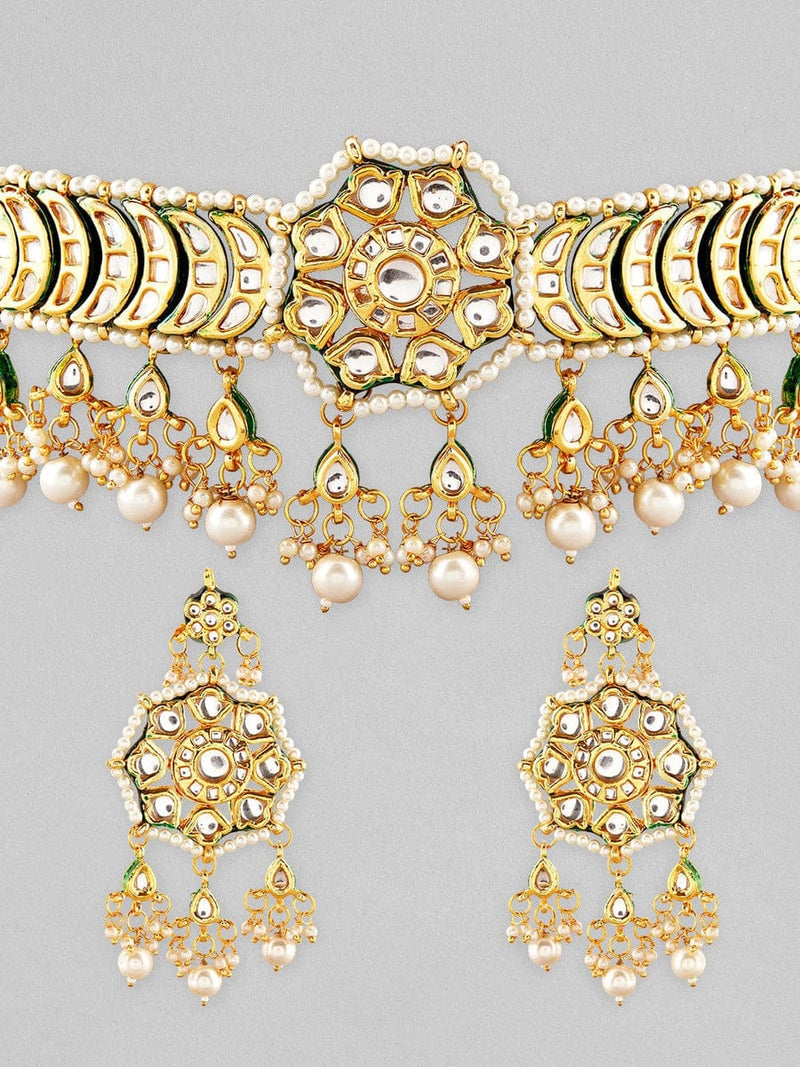Gold Plated Kundan Polki & Pearl Meenakari Choker Necklace Set