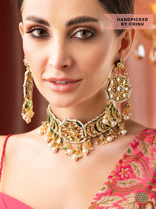 Gold Plated Kundan Polki & Pearl Meenakari Choker Necklace Set
