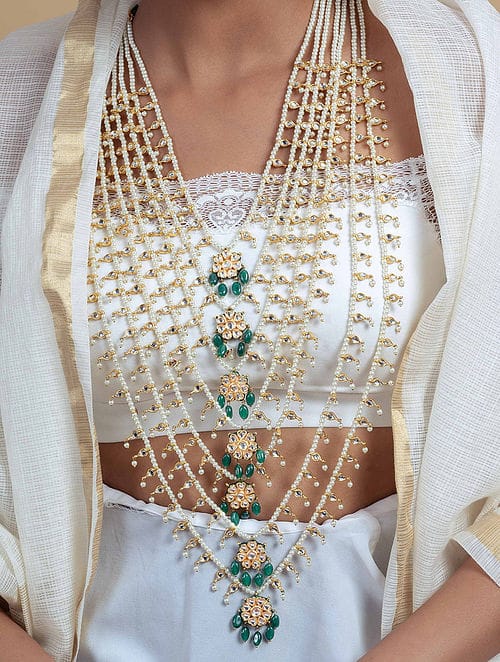 Gold Green Kundan & Pearls Long Necklace