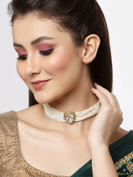 White & Gold-Plated Kundan Choker Necklace