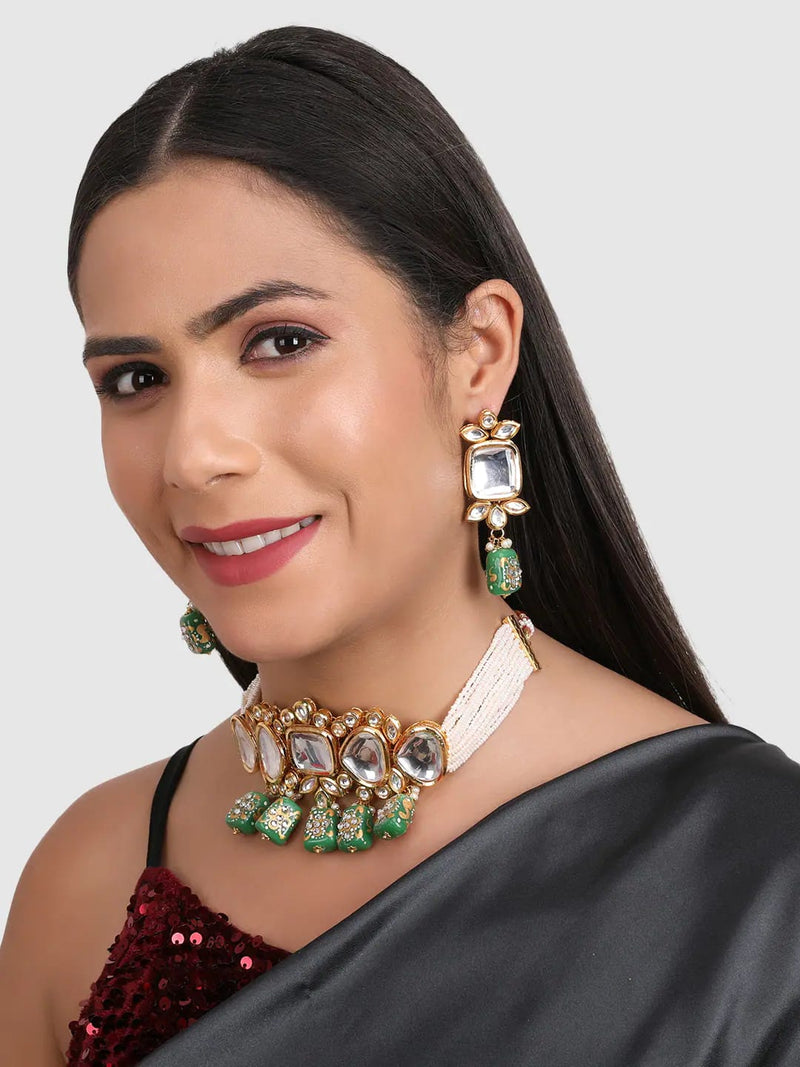 Gold Plated Green & White Kundan-Studded & Pearl Beaded Jewellery Set