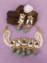 Gold Plated Green & White Kundan-Studded & Pearl Beaded Jewellery Set