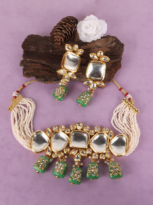 Gold Plated Green & White Kundan-Studded & Pearl Beaded Jewellery Set