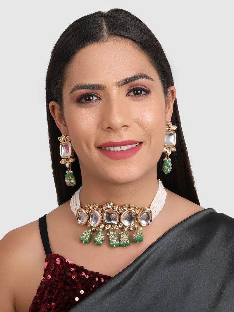 Gold Plated Green & White Kundan-Studded & Pearl Beaded Jewellery Set