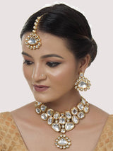 Gold-Plated Kundan-Studded & Pearls Beaded Necklace With Earrings & Maangtikka