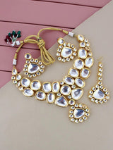 Gold-Plated Kundan-Studded & Pearls Beaded Necklace With Earrings & Maangtikka