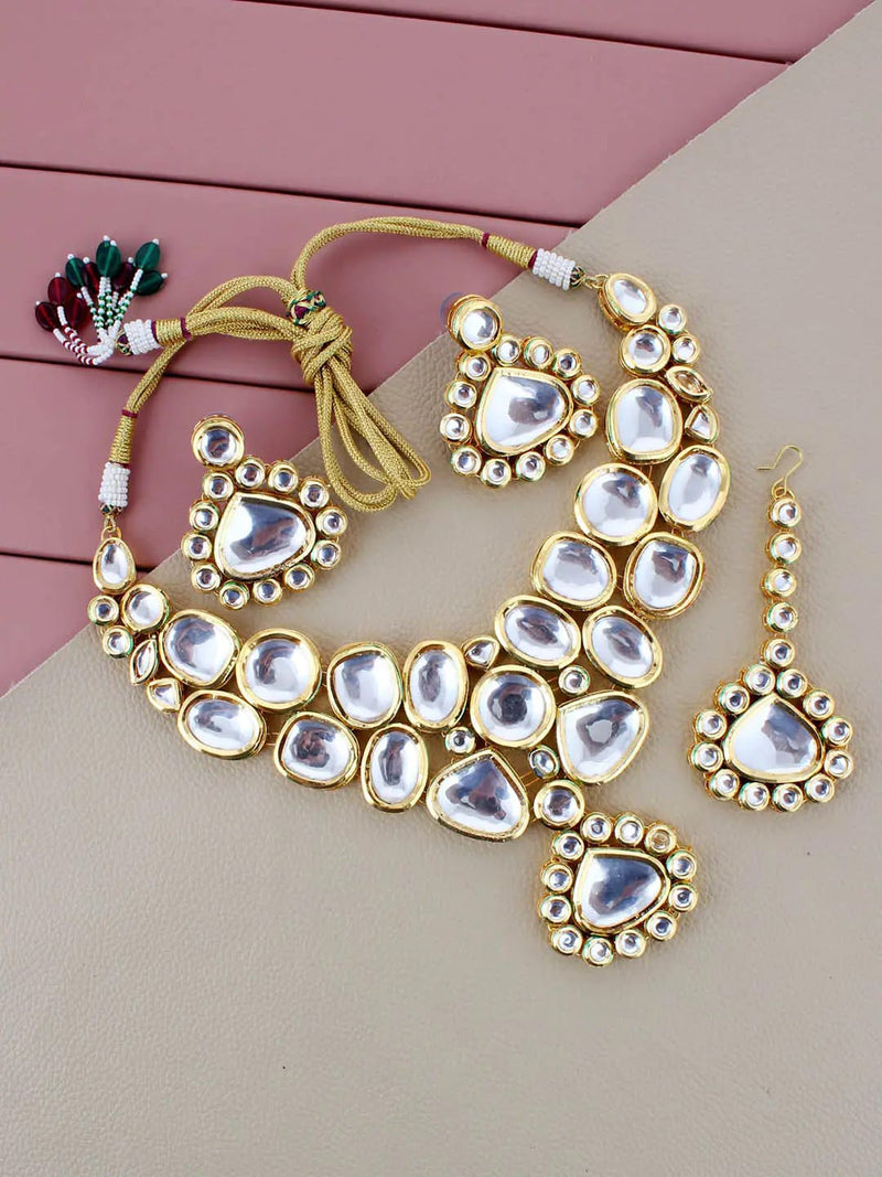 Gold-Plated Kundan-Studded & Pearls Beaded Necklace With Earrings & Maangtikka