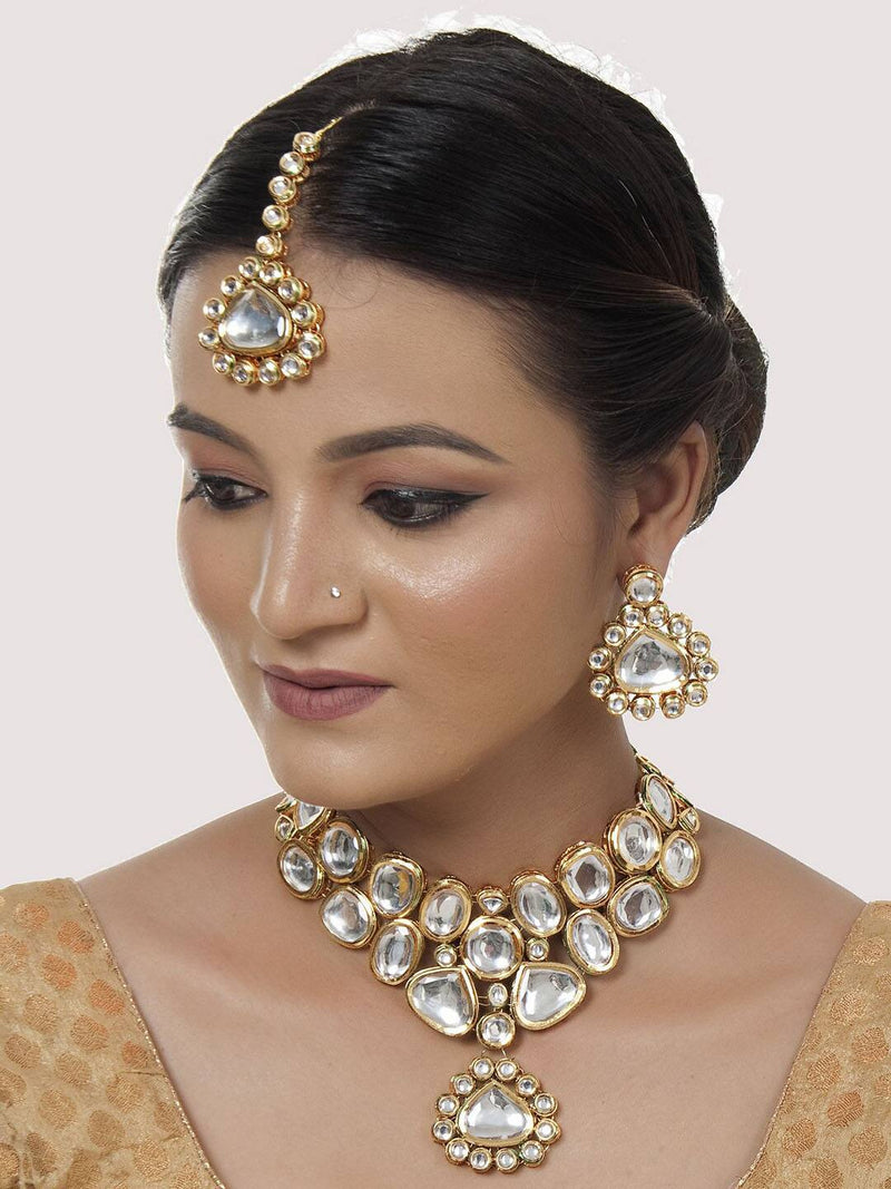Gold-Plated Kundan-Studded & Pearls Beaded Necklace With Earrings & Maangtikka