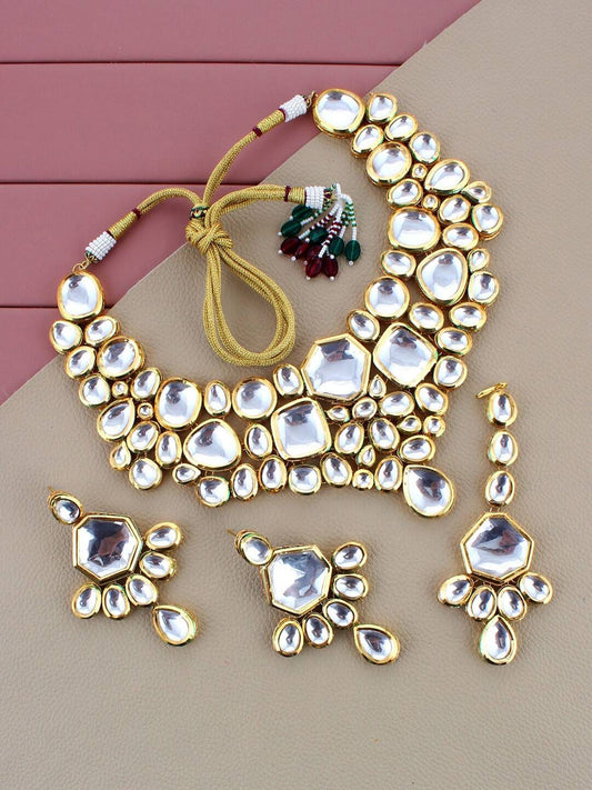 Gold Plated Kundan-Studded Necklace With Earrings & maangtikka