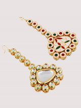 Gold-Plated Kundan-Studded & Pearls Beaded Necklace With Earrings & Maangtikka