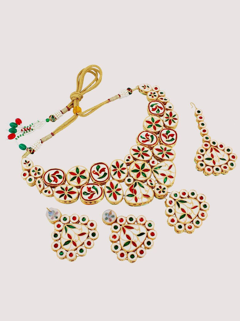 Gold-Plated Kundan-Studded & Pearls Beaded Necklace With Earrings & Maangtikka