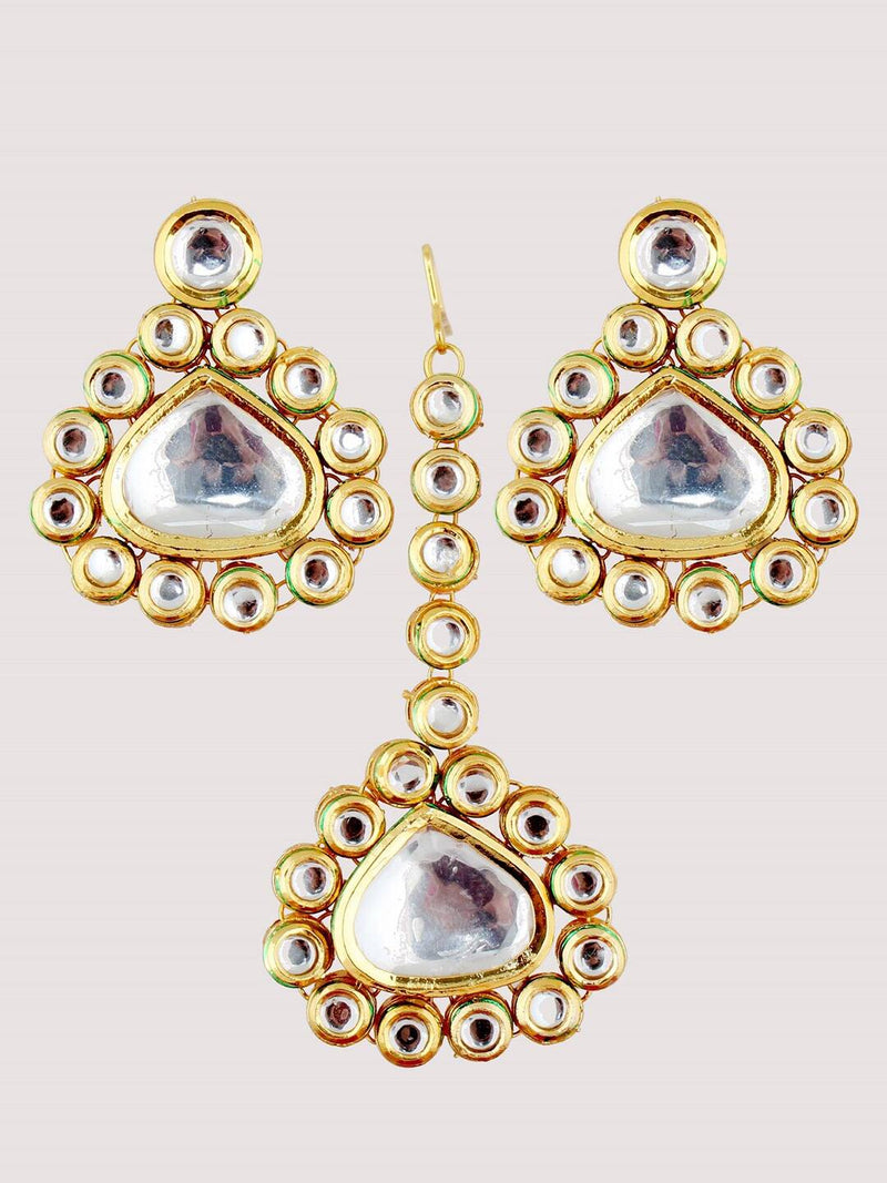 Gold-Plated Kundan-Studded & Pearls Beaded Necklace With Earrings & Maangtikka
