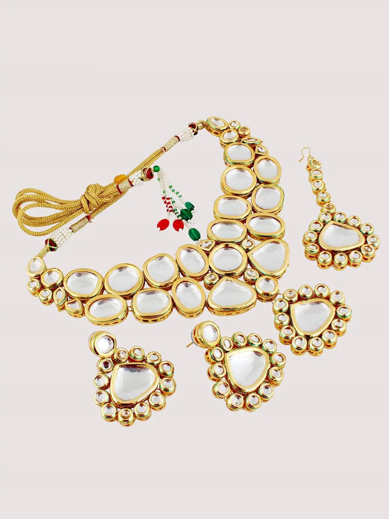 Gold-Plated Kundan-Studded & Pearls Beaded Necklace With Earrings & Maangtikka