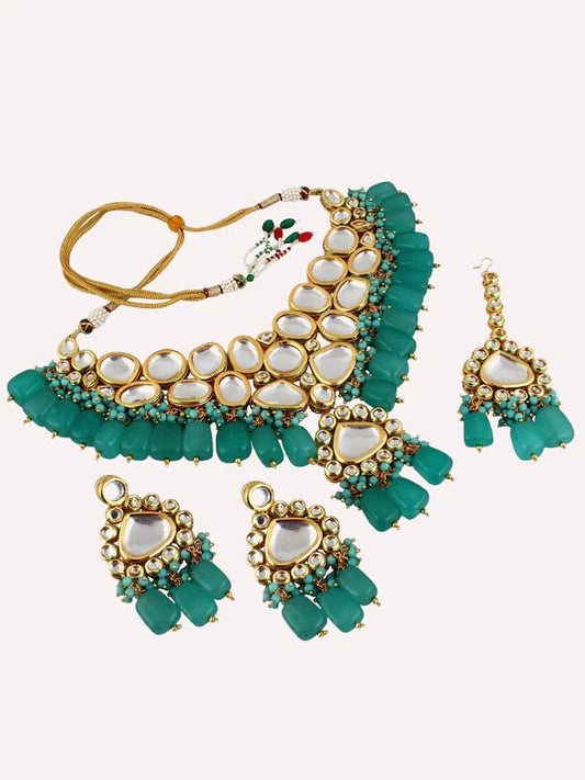 Gold-Plated Kundan-Studded & Pearls Beaded Necklace With Earrings & Maangtikka