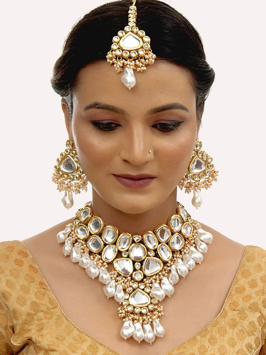 Gold-Plated Kundan-Studded & Pearls Beaded Necklace With Earrings & Maangtikka