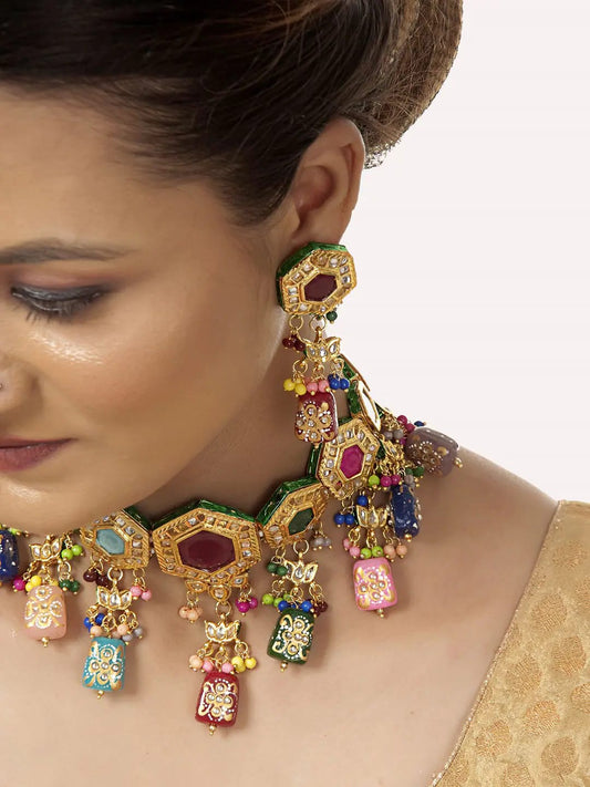 Gold Plated Multicolor Stone Kundan Necklace Set