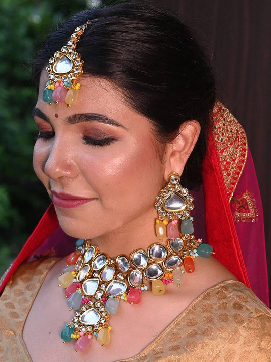 Gold-Plated Kundan-Studded & Pearls Beaded Necklace With Earrings & Maangtikka